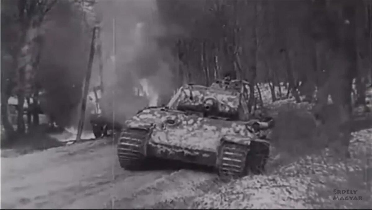 Танк "Пантера" 5-й тд СС "Викинг" движется по лесной дороге в начале немецкой операции "Конрад I". Именно "Пантеры" этой дивизии станут первым противником СУ-100 1453-го сап в бою 5 января у Бичке.