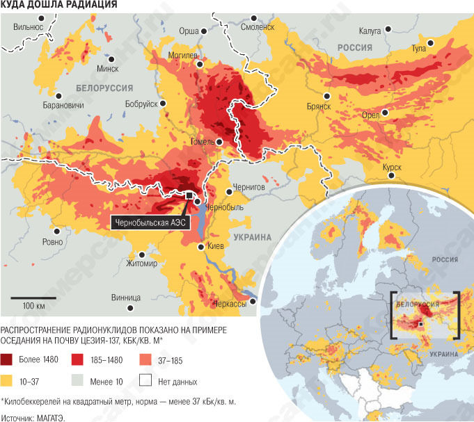 Карта радиоактивного загрязнения европы