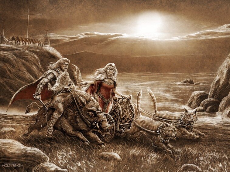 Фрей (Ингви ) на своём любимом кабане и Фрейя (Инга) на больших котах. Картина Игоря Ожиганова.