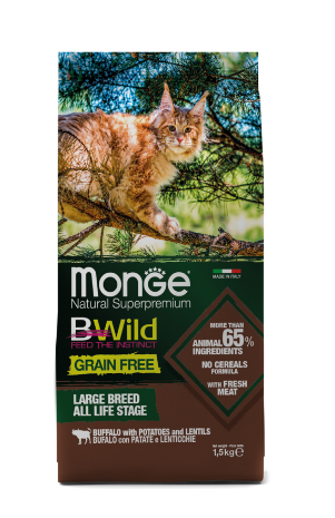 Корм Monge Cat BWild GRAIN FREE для котят и крупных кошек, беззерновой, из мяса буйвола