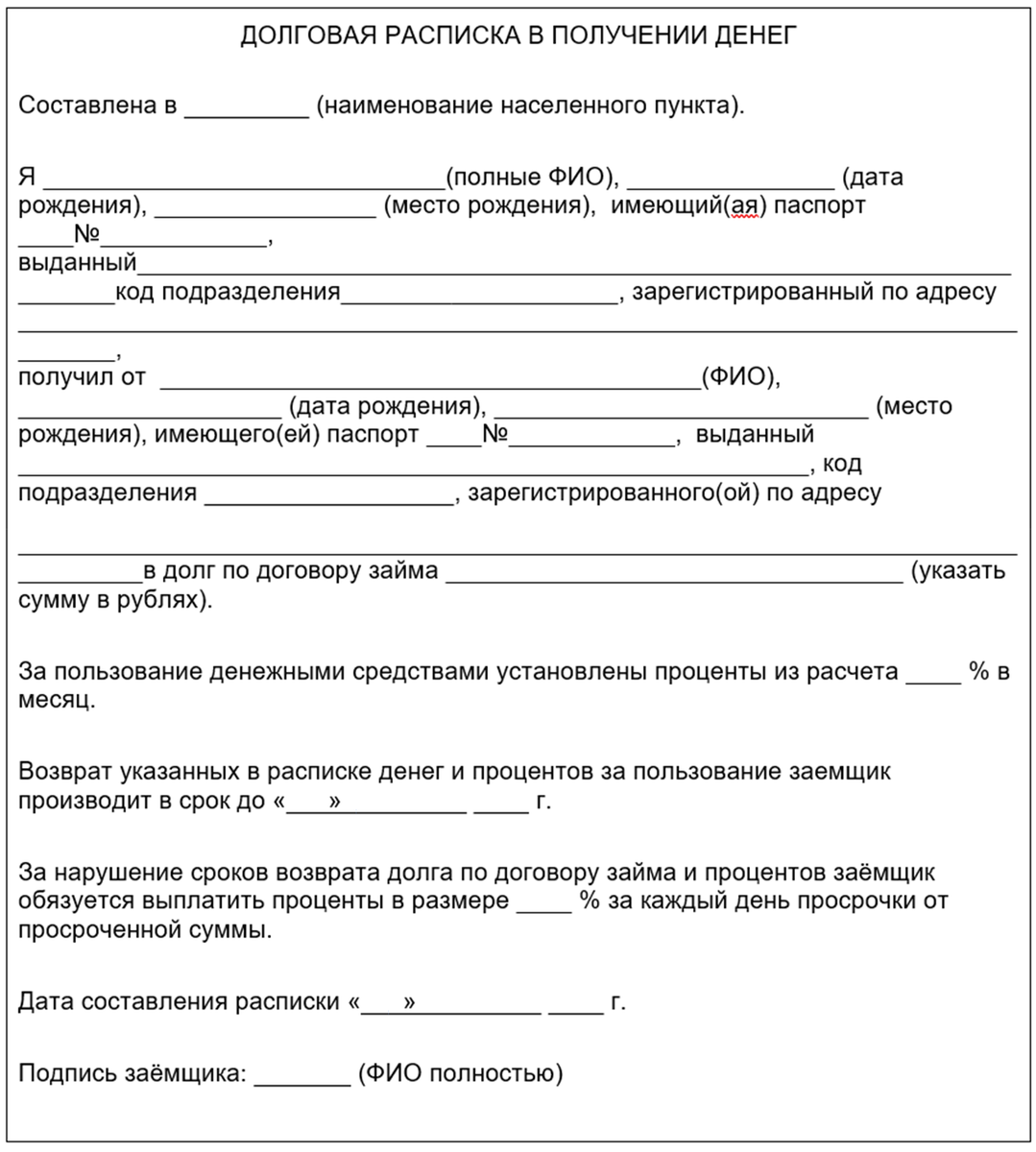 Расписка о получении денежных средств за образец