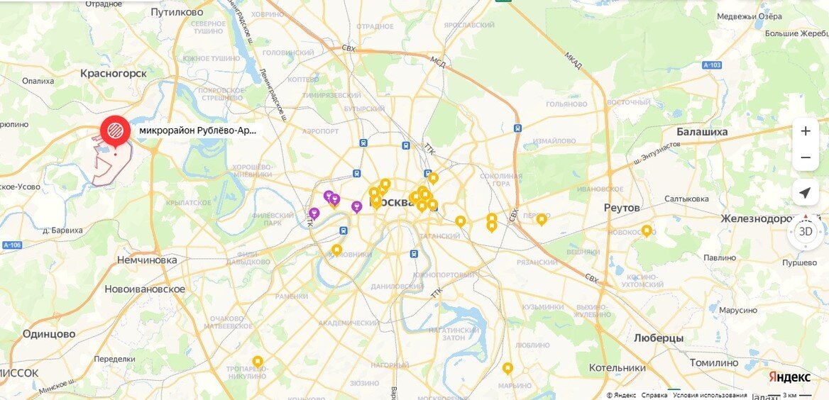 Микрорайон на карте для наглядного представления (Источник: https://yandex.ru/maps/213/moscow/geo/mikrorayon_rublyovo_arkhangelskoye/4385362530/?ll=37.376979%2C55.826478&z=12.49)