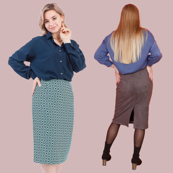 Замшевая юбка-карандаш с принтом и однотонная коричневая юбка.