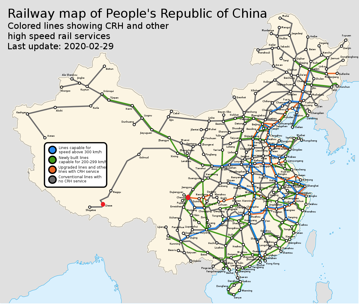 © Howchou / CC BY-SA 3.0  (Схема действующих железных дорог КНР на начало 2020 года. Красным обозначены Чэнду и Лхаса)