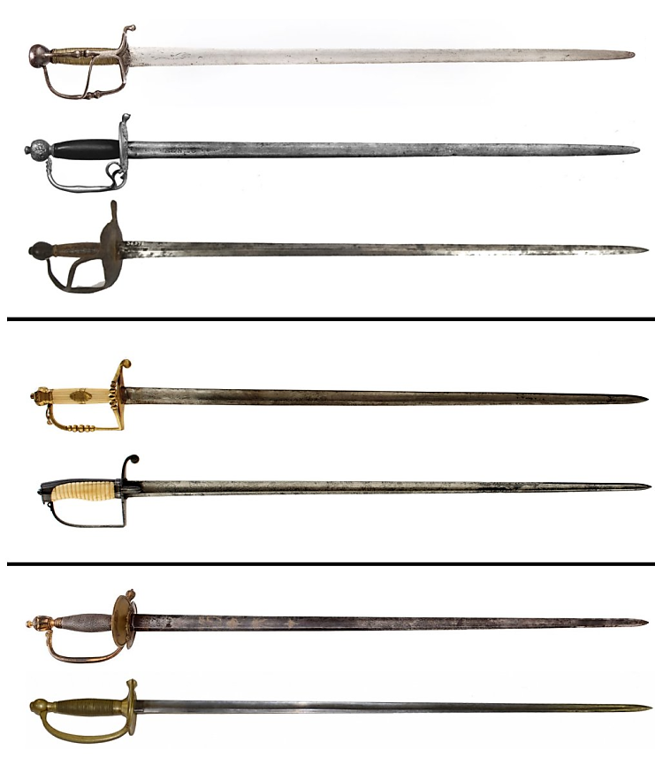 Развитие военных мечей (вторая половина XVII - первая половина XIX веков. 1650 - 1770: 1) облегченный вариант "валлонской" шпаги" 2) облегченный вариант английского палаша с упрощенной гардой, 3) шведская пехотная шпага обр. 1685 года. 1770 - 1810: Два образца английских офицерских шпаг до принятия уставных образцов. 1790 - 1850: 1) английская пехотная офицерская шпага обр. 1796 года 2) американская пехотная шпага для унтер-офицеров обр. 1840 года.