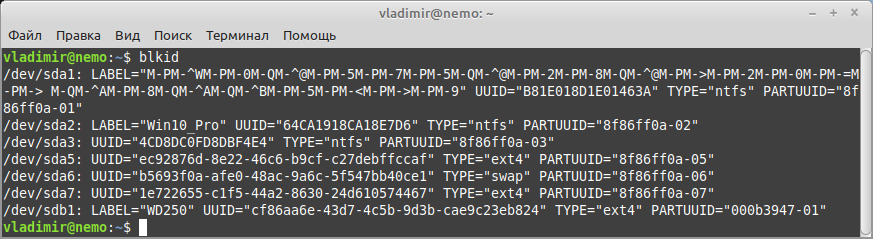 Результат выполнения команды blkid на моем компьютере.