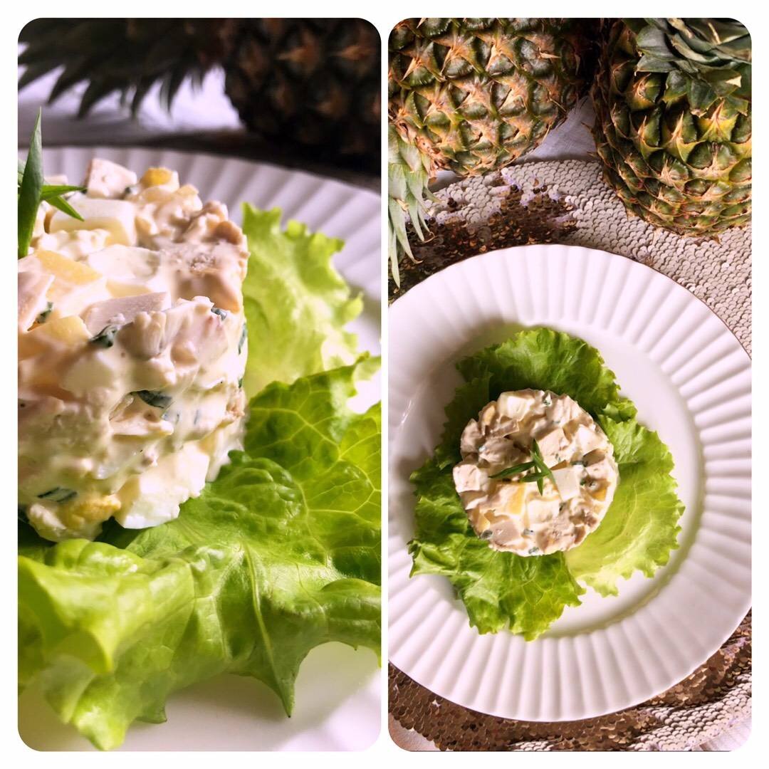 Салат с курицей, ананасами, жареным луком, сыром и майонезом простой рецепт пошаговый