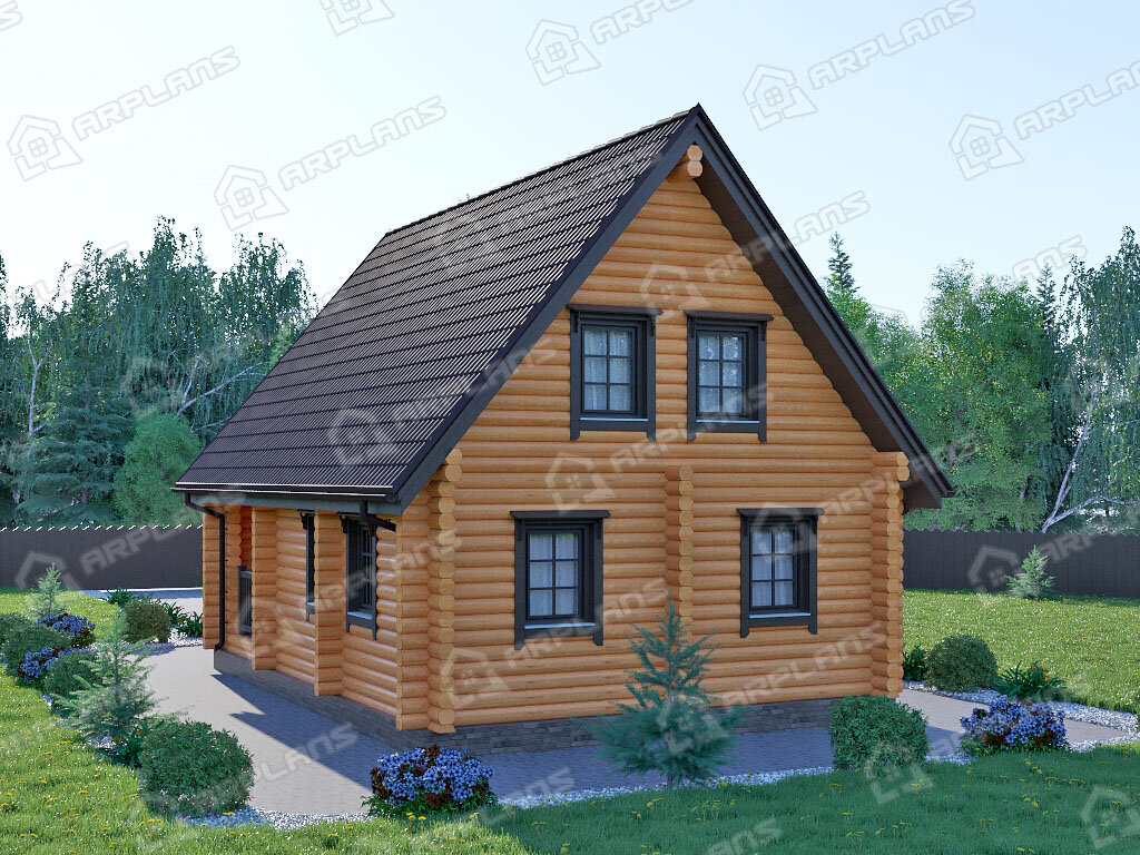 Фото 2 деревянного двухэтажного дома из бревна с мансардой, 2 спальнями, балконом и террасой. Общая площадь 97 кв м. Источник arplans.ru Проект ДО-096