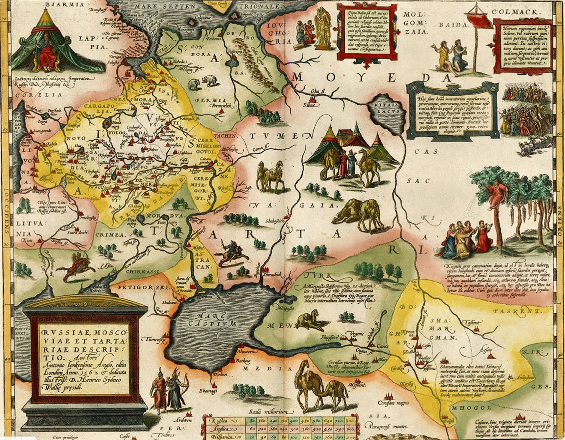карта А. Дженкинсона,1562 год, над постаментом в левом углу карты надпись черкассы пятигорские - расположены между Чёрным и Каспийским морями