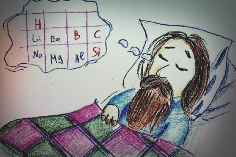 Карикатура: Дмитрий Иванович Менделеев  видит во сне периодическую систему химических элементов