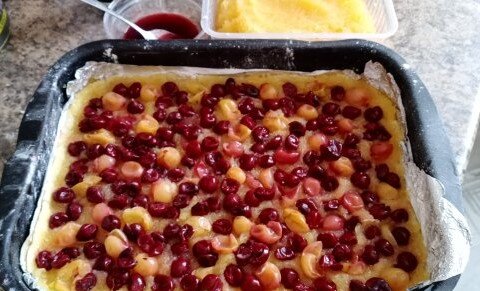 Протертая тыква, ягоды  крыжовника и вишни, сок с агар-агаром.