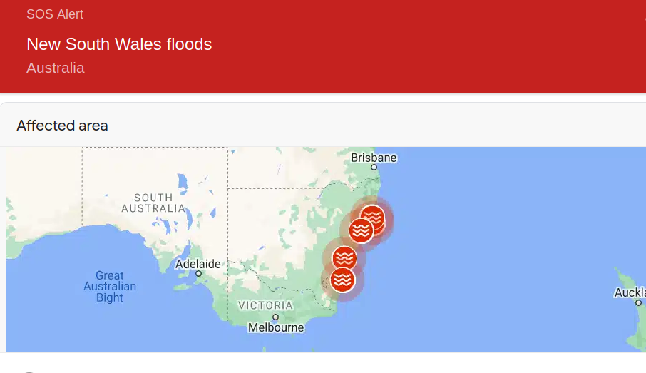 Вокруг Сиднея все красное, это зоны наводнений.