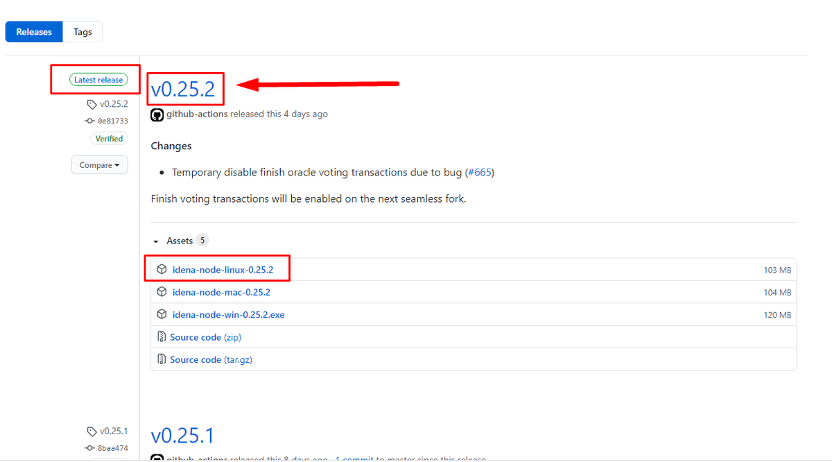 Скриншот с сайта github.com на котором опубликованы все версии Idena