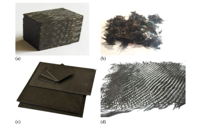 Результат обработки углепластика методом сольволиза: углепластик до обработки (а) в форме кубиков с размером 2х2х3 см (с) в виде пластин с размером 0,5х10х15 см ; (b) – извлеченные волокна из «кубиков» и (d) вторичная карбоновая (углеродная) ткань из пластин.
