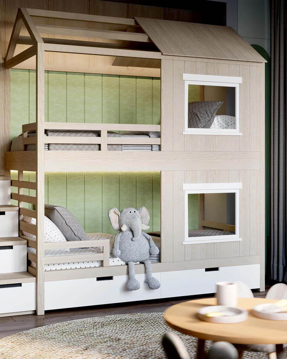 Двухъярусная кровать-домик с лестницей-комодом