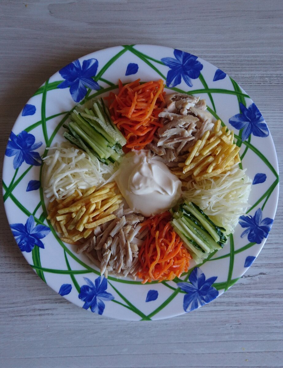 Ингредиенты : Мясо курицы - 300 гр. Морковь - 200 гр. Огурец - 1 шт. Капуста - 200 гр. Соломка картофельная - 100 гр. Майонез - 3 ст.л. Соль по вкусу. 