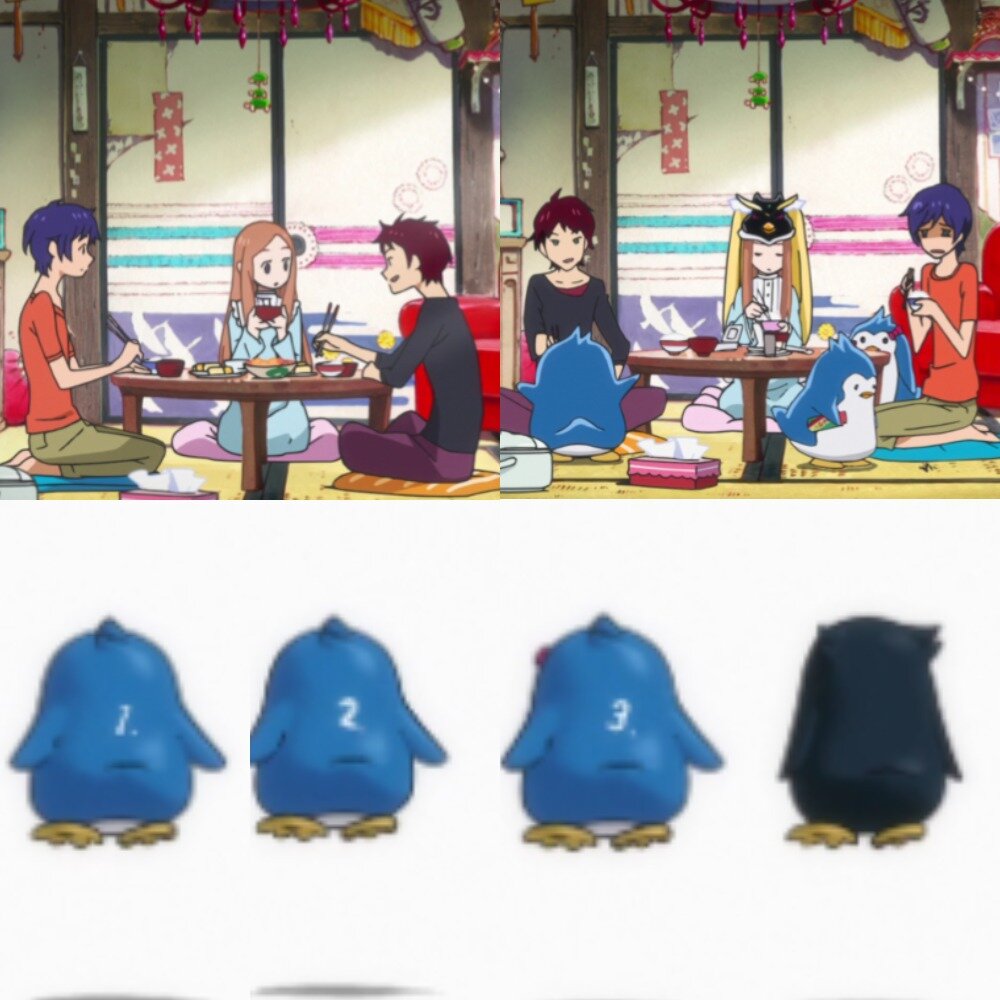 На фото обработанные мной скрины из аниме сериала «Пингвиний барабан», студии Brain's Base, режиссера и сценариста Кунихико Икухара. Скрины демонстрируют персонажей семьи Такакура Сему, Канбу и Химари, а так же пингвинов 1, 2, 3 и черного пингвина. Подробнее об этом рассказано в статье. Все материалы размещены исключительно в информационных целях.