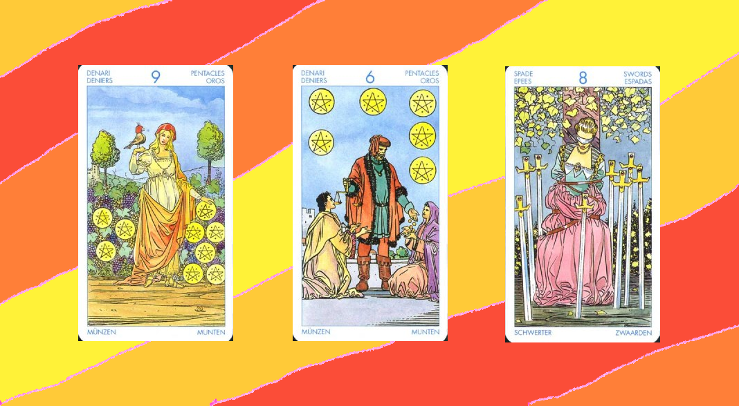 9 Пентаклей, 6 Пентаклей и 8 Мечей.