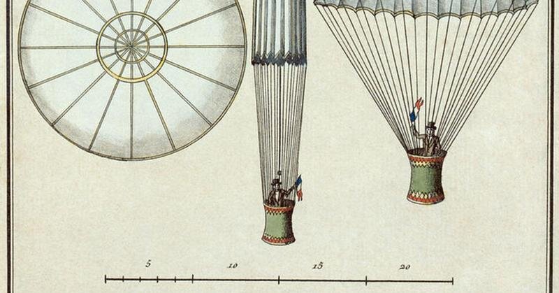 Схематическое изображение первого парашюта Гарнерина, использованного во время спуска в парке Монсо 22 октября 1797 года. Иллюстрация датируется началом девятнадцатого века.