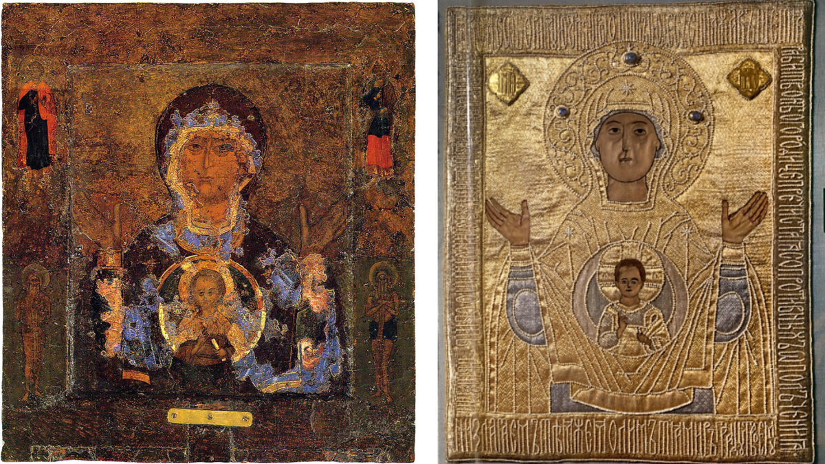 Слева: икона Знамение Пресвятой Богородицы, 2 четверть 12 века, Великий Новгород. Справа: икона шитая «Богоматерь Знамение», середина 17 века, хранится в Русском музее (Санкт-Петербург)