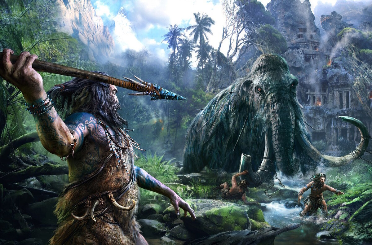 Возможно, была инволюция, а не эволюция?
Источник фото: https://img4.goodfon.ru/wallpaper/nbig/c/97/ancient-times-prehistoric-drevnie-liudi-mamont-okhota-dzhung.jpg