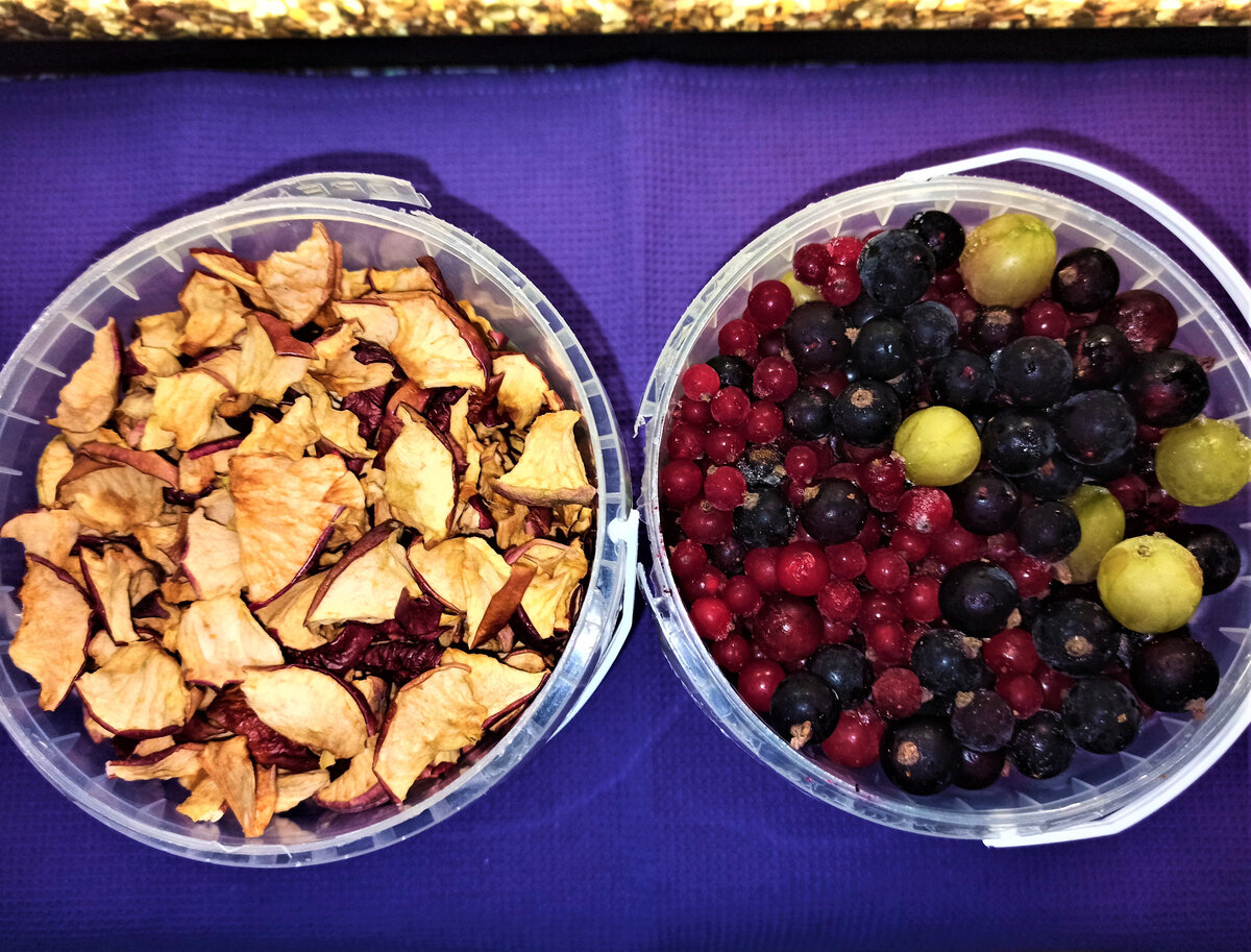  В ведерках храню яблочную сушку и заморозку ягод. Фото автора.