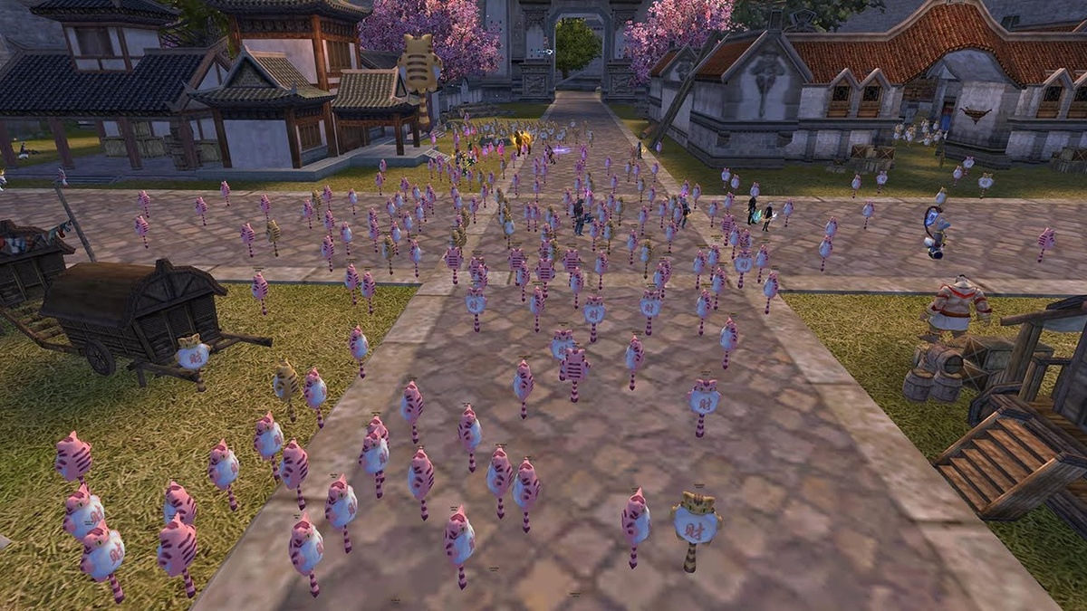 Скриншот сервера игры. В Локации «Город Драконов» много торговых котов