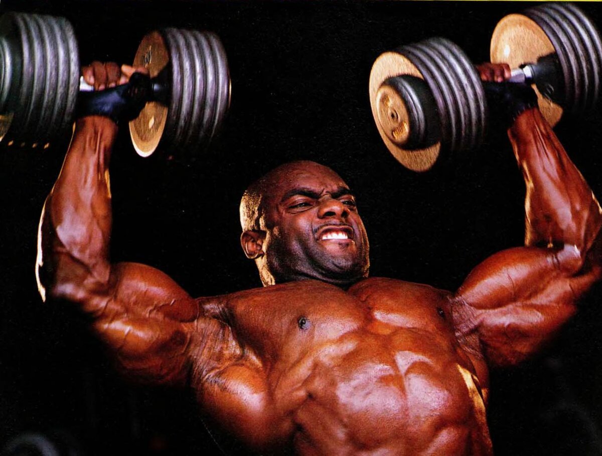 Жим сидя. Эрни обычно жмет сидя гантели. Иногда переходит на тренажер Смита. Почему сидя? Да потому, что спина прочно опирается на наклонную спинку скамьи, а это исключает опасные для поясницы "вихляния" туловища. Вдобавок нет никакой затраты сил на поддержание тела в равновесии, как это бывает в положении стоя или сидя без опоры. Поскольку по сплиту тренинг дельт идет после тренинга груди, можно исключить глубокую разминку - дельты и так разогреты. Начинается все с двух относительно легких сетов, в потом наступает очередь одного-единственного сета из 6 повторов плюс 2-3 форсированных повторения. Опасно? Да, если никто не помогает и не страхует. Ну а Эрни страховал сам Ятс.