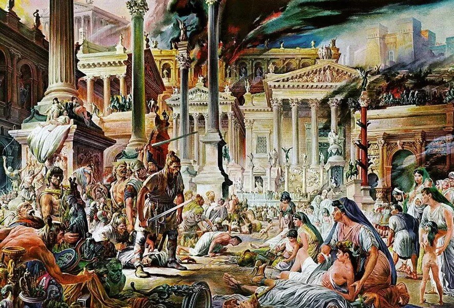 В мировой культуре очень популярная тема - Падение Рима. Много чего понарисовали... Посмотрите вот галерею... 