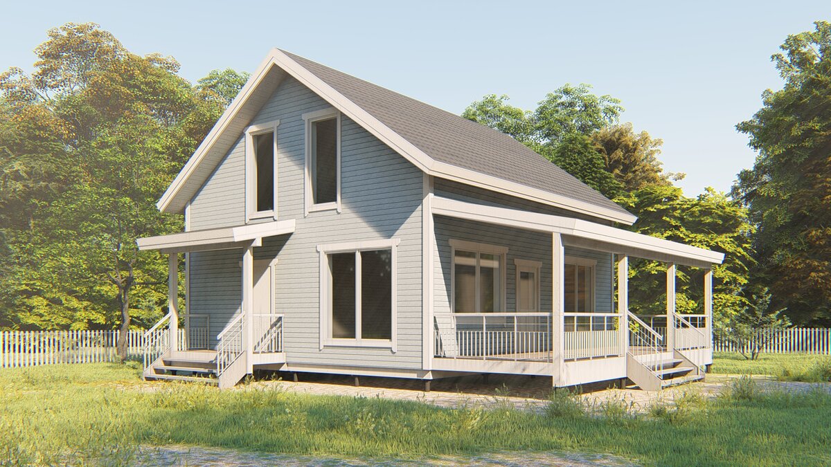 Каркасный дом 8х9,2 м. с пристроенной террасой по проекту КД-70