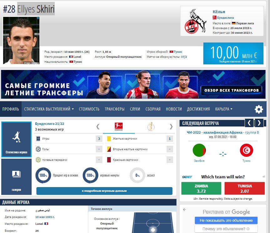 Профиль Схири. Скрин из трансфермаркта. Листайте вправо