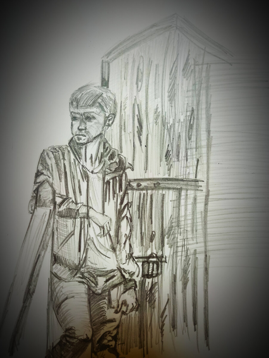 Иллюстрация на скорую руку в виде наброска. Здесь мне было важно показать человека, которому надоело стучать и фрагмент двери, чтоб было понятно, что это дверь. Причём, старинная такая основательная