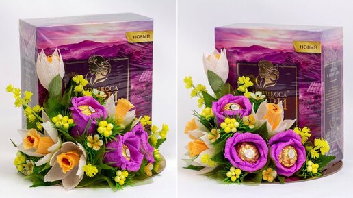 Оформление коробки чая в подарок цветами из конфет. Сладкая композициясвоими руками