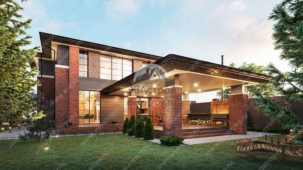 Проект двухэтажного дома 350 м2 в европейском стиле с подвалом, террасой и навесом - KVR-80