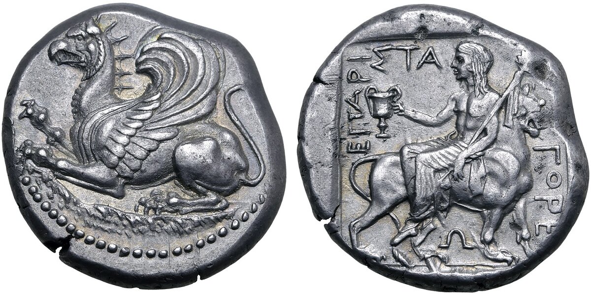 Thrace, Abdera AR Stater. Circa 411-385 BC. Magistrate, Aristagores. Griffin springing to left / Dionysos seated to left on back of panther advancing to right, holding kantharos and thyrsos; EΠ APIΣTAΓOPEΩ around, all within incuse square.