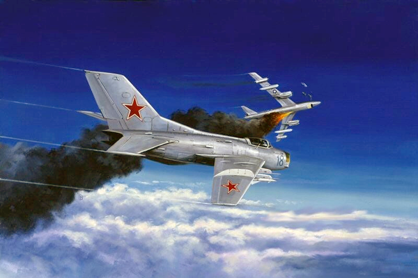 Автор иллюстрации David Pentland. Soviet airforce MIG19 shoots down a USAF RB47 Stratofortress during the 1960s.