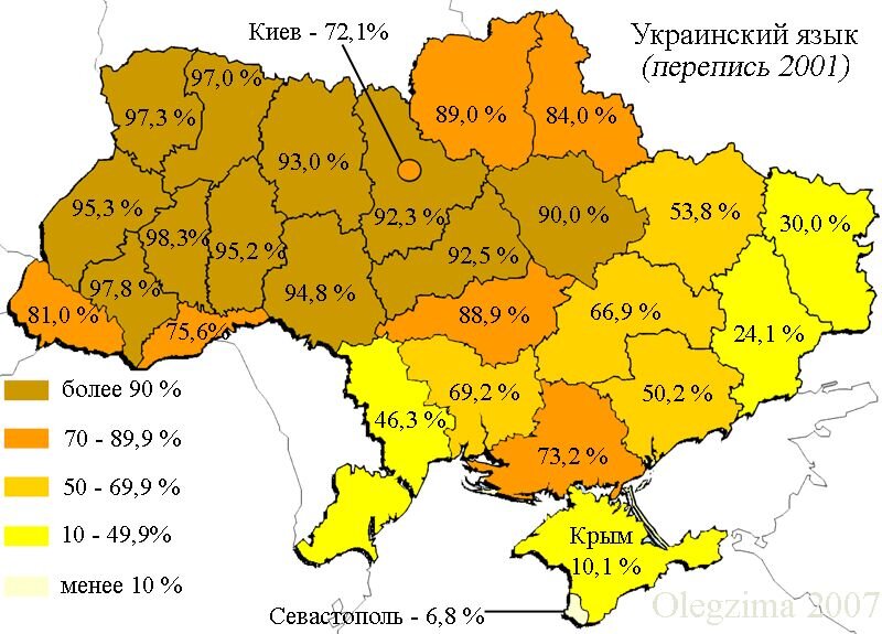 Доля использования украинского языка по переписи 2001 года