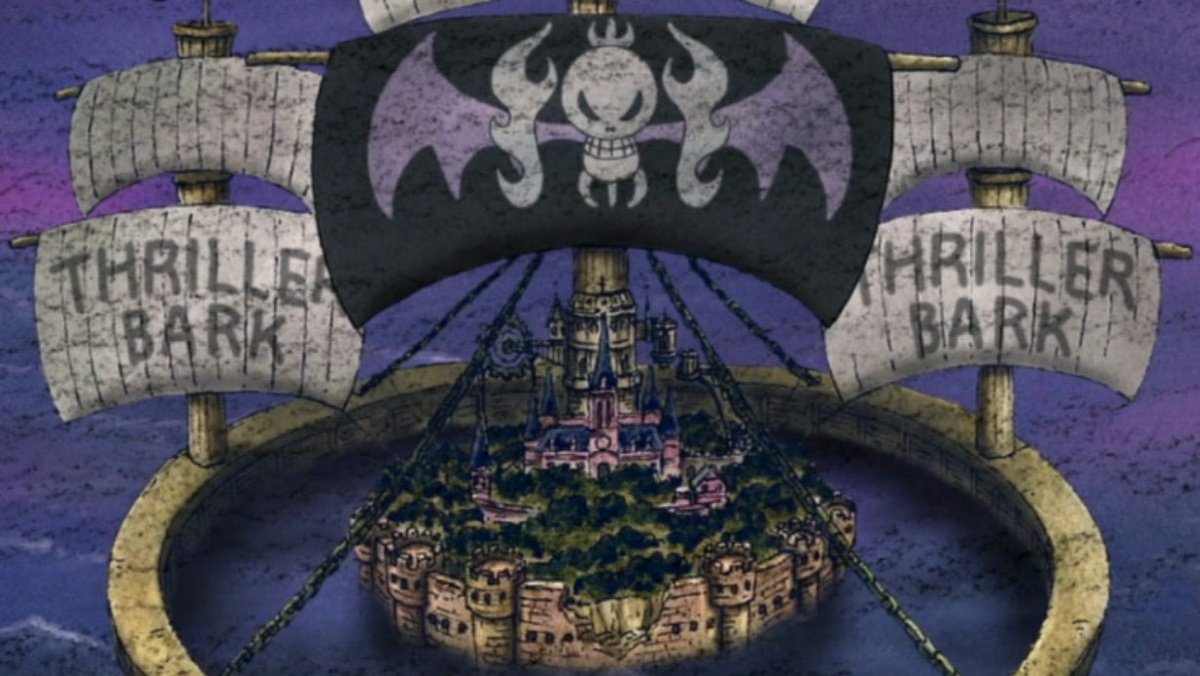 Кадр из 338 эпизода One Piece «The Delight of Having Met People! The Gentleman Skeleton's True Colors». Корабль Thriller Bark