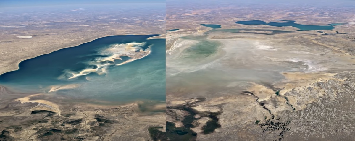 Климатические изменения в Аральском море (Казахстан) на Google Earth. Слева - 1984 год, справа - 2020 год.