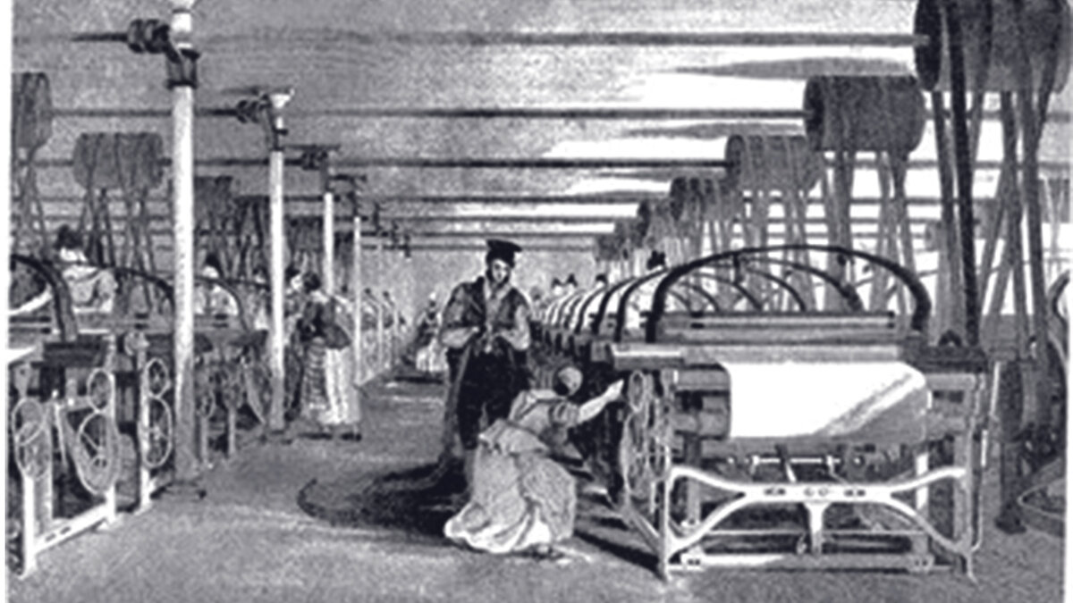 Ткацкий станок Робертса в ткацком цеху в 1835 году. Иллюстратор Т. Аллом в книге сэра Эдварда Бейнса «История хлопчатобумажной промышленности в Великобритании».