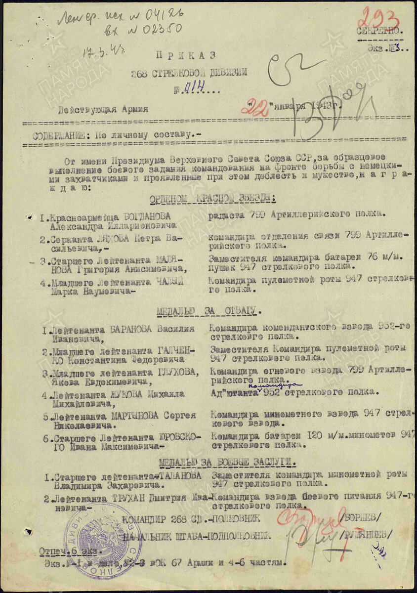 Приказ 268 стрелковой дивизии о награждении от 22.01.1943 года. Источник pamyat-naroda.ru
