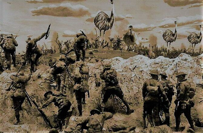 Австралия, 1932 год. Иллюстрация: военные Австралии и птицы Эму.