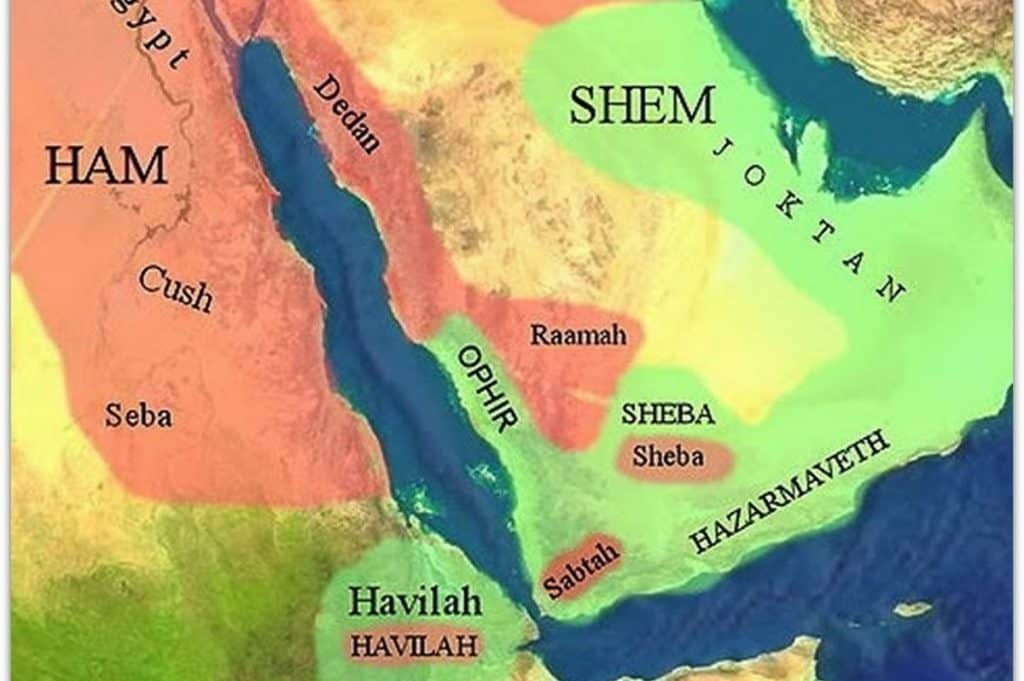 Карта с названиями мест из Библии с указанием предполагаемого местонахождения Офира