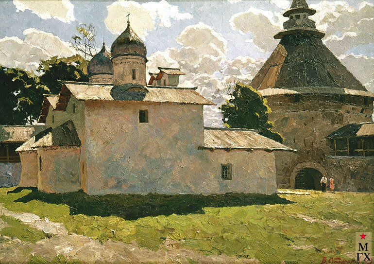 Стожаров. Псков. Покровская церковь и Покровская башня. 1969. Холст, масло.