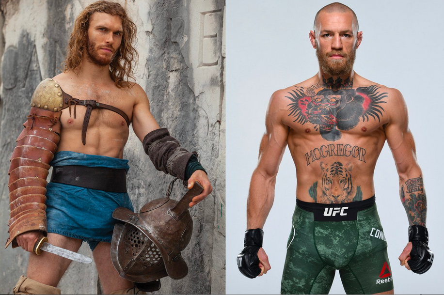 Конор Макгрегор держа себя на пике формы, получал огромные призовые, во всем этом не так уж отличаясь от гладиатора прошлого, в облике которого (слева) – реконструктор-гладиатор Крис Вернель.