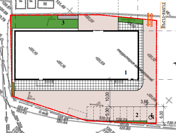 Генплан с расположением здания, обозначением парковок, въезда 