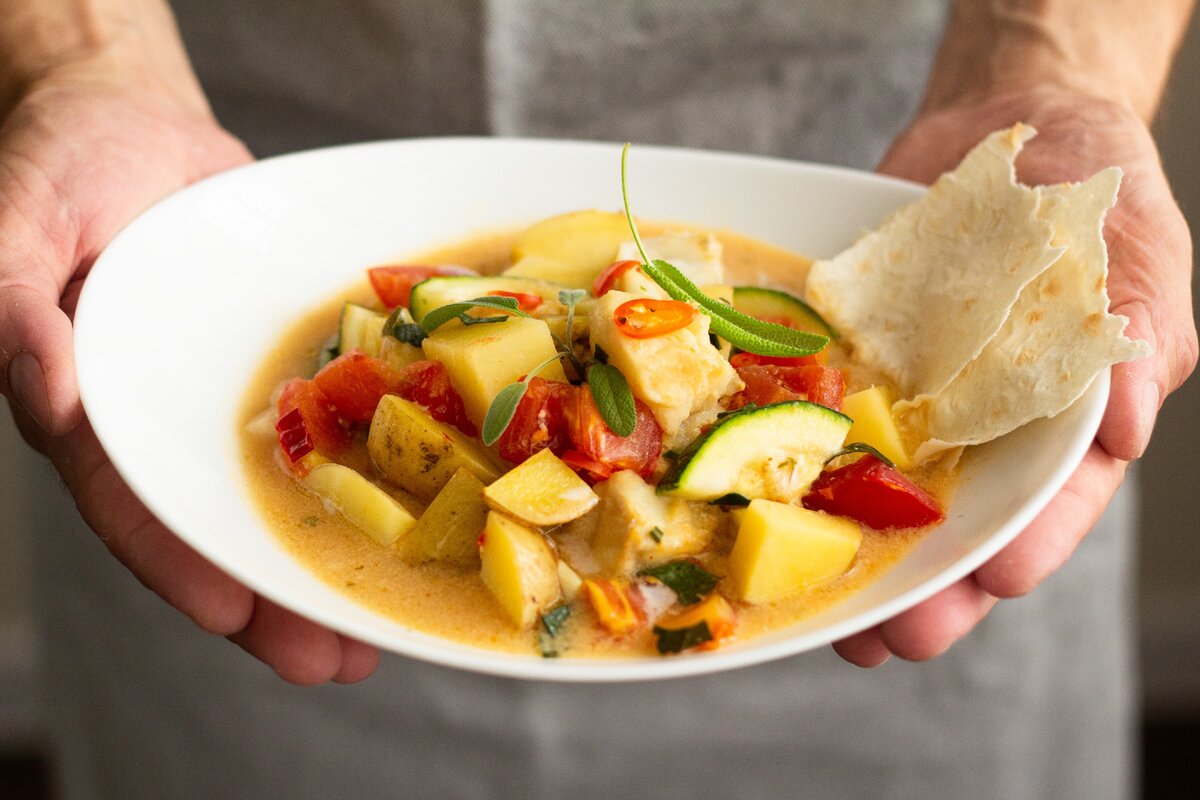 зубатка с овощами