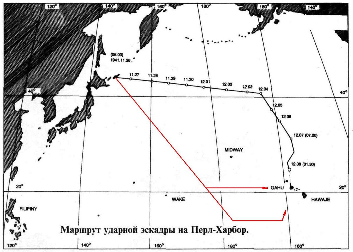Фактический путь японской эскадры показан черным цветом, а предполагаемые американскими адмиралами маршруты - красным. Можно было бы найти "оригинальную" картинку из "Истории войны на Тихом океане", но и мой самоструг сойдет. Разве что американцы рисовали выход японского соединения из главной базы в Куре, а не с секретной базы в заливе Хитокаппу на Курильских островах... Использован рисунок из ingvarr.net.ru