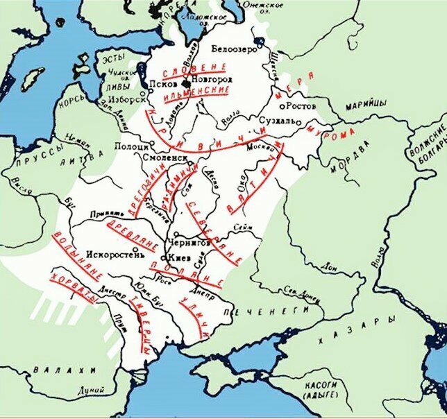 Карта расселения восточнославянских племен в VIII-IX в. согласно "Повести временных лет". Русов там нет