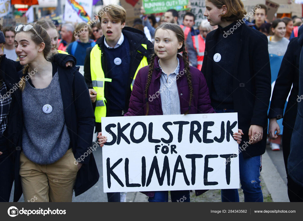 Эковождь Грета Тумберг в окружении единомышленников.